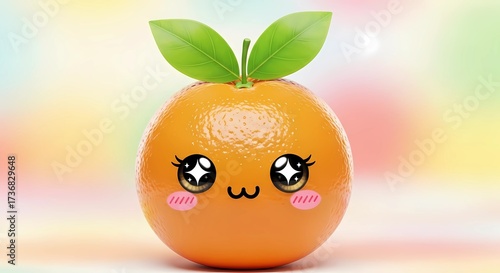 Charming and Imaginative Digital Artwork Depicting a Cute Anthropomorphized Orange with Expressive Features and Lush Foliage, Capturing the Playful Spirit of Kawaii Design