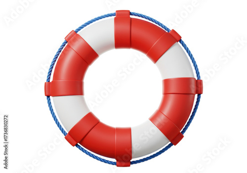 Isolated red and white lifebuoy with blue rope safety equipment nautical maritime rescue emergency floatation device for water safety and assistance