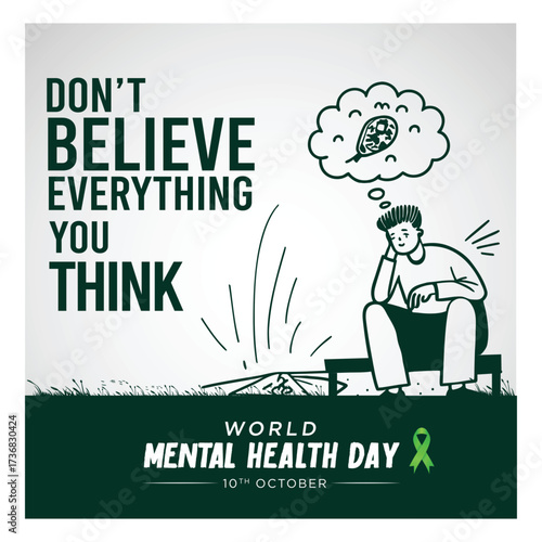 Mental Health Awareness month Depression and upset man feeling sadness, mental health trouble, psychological issues vector illustration
