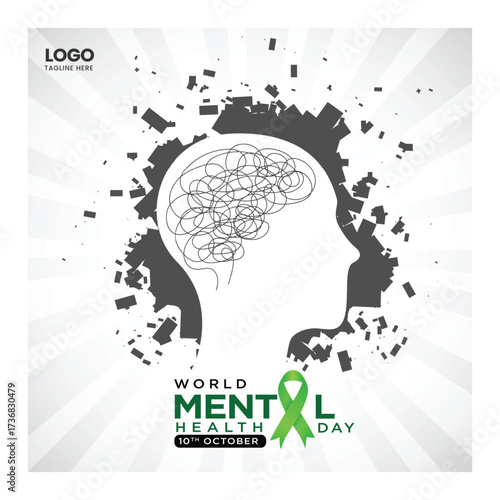 World Mental Health day, concept design with abstract human head profile and Green ribbon design Vector Illustration