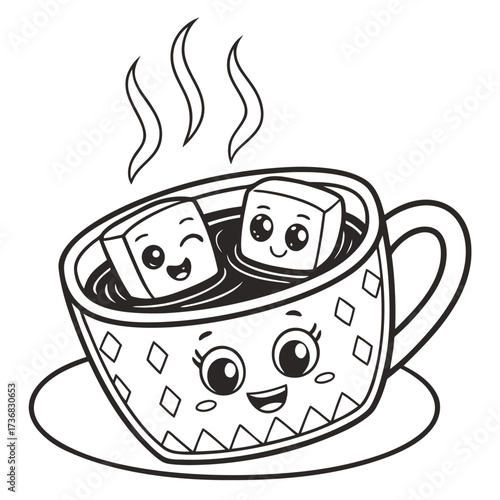 Adorable hot cocoa mug with cute marshmallow characters and steam