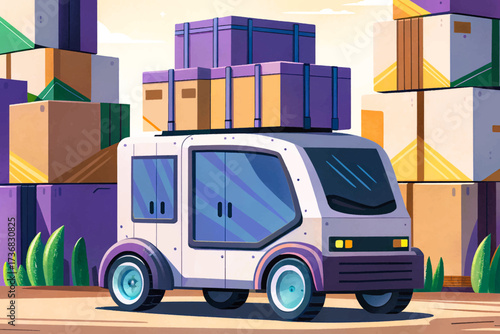 A modern automated delivery vehicle in light gray color, loaded with stacked cardboard boxes, positioned in front of an industrial factory setting, created in clean detailed vector style