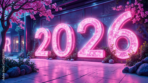 a futuristic scene with a large, glowing pink neon sign displaying the year 2026. The area is adorned with pink blossoming trees and plants, creating a vibrant and modern atmosphere
