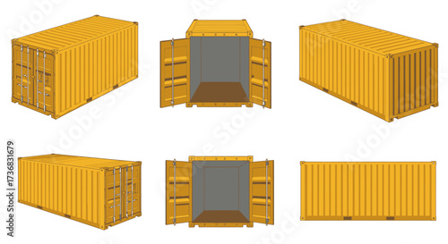 Set of six yellow shipping container illustrations from multiple angles, including open doors, presented in a clean vector graphic format.