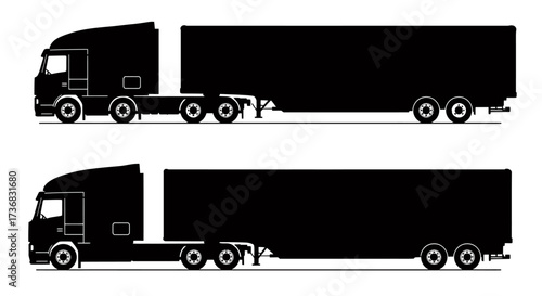 Vector illustration of two black semi-truck trailers, perfect for transportation and logistics, depicted in a simple, flat design against a white background, ideal for various commercial applications.
