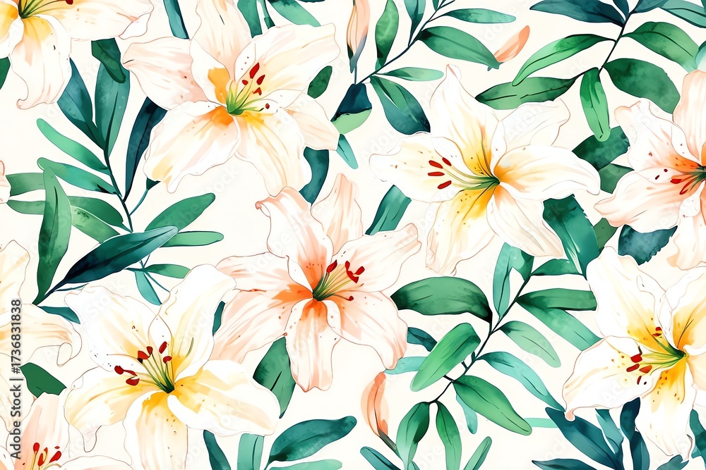 Obraz premium Watercolor lilies and green leaves on a cream background