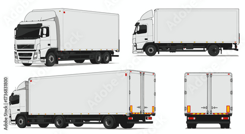 A set of four detailed vector illustrations showcase a blank white delivery truck, designed for commercial transport, perfect for branding and advertising, in a png format.