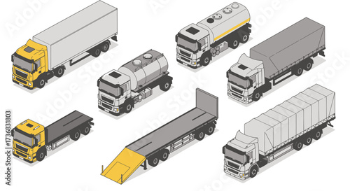 Collection of isometric vector illustrations showcasing various types of commercial trucks and trailers, perfect for logistics and transportation concepts.