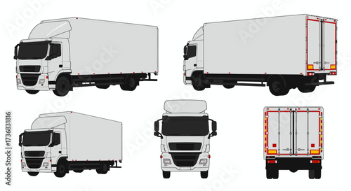 Detailed vector illustration of a white delivery trailer truck, presented from multiple angles, perfect for logistics, transportation, and commercial design projects.
