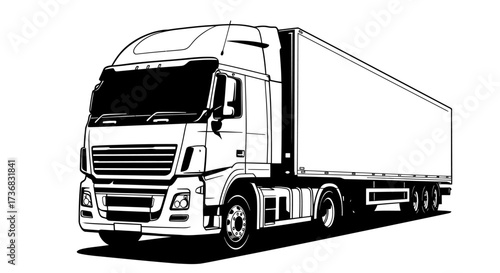 A detailed black and white vector illustration of a modern semi-trailer truck, showcasing its robust design for heavy cargo transport on an isolated white background.