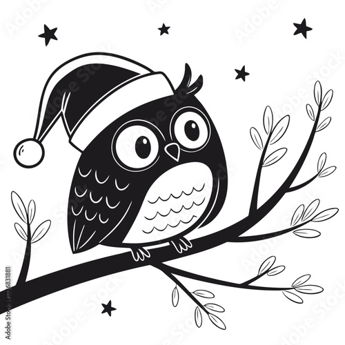 Adorable round owl wearing a santa hat perfect for festive holiday advertisements and banners