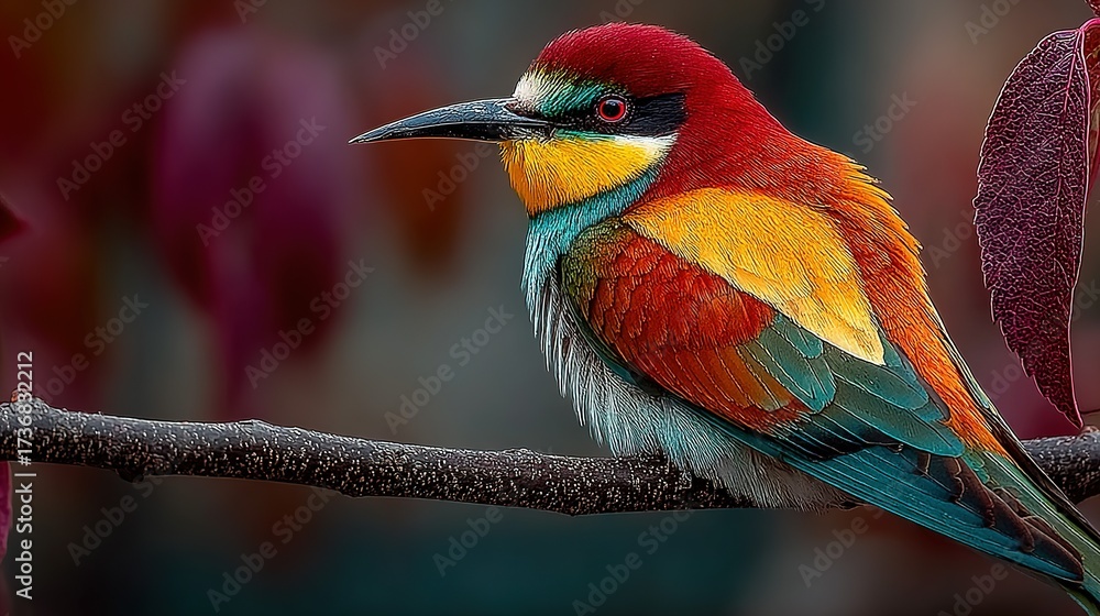 Obraz premium Colorful bird perches on a branch with red leaves in soft focus.