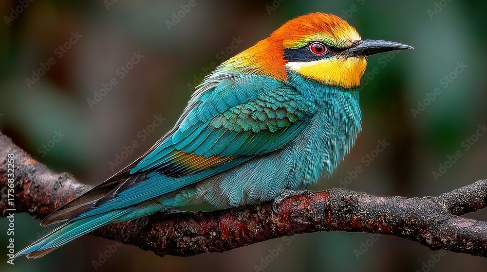 Obraz premium Colorful bird sits on a branch with a blurred green background.