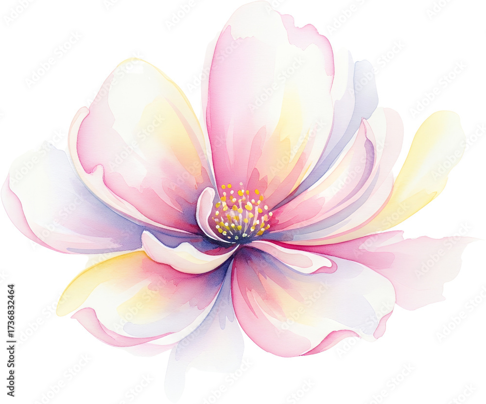 Fototapeta premium Delicate Watercolor Painting Of A Blooming Flower With Soft Pink White And Yellow Petals Revealing Intricate Stamen Details Against A Transparent Background