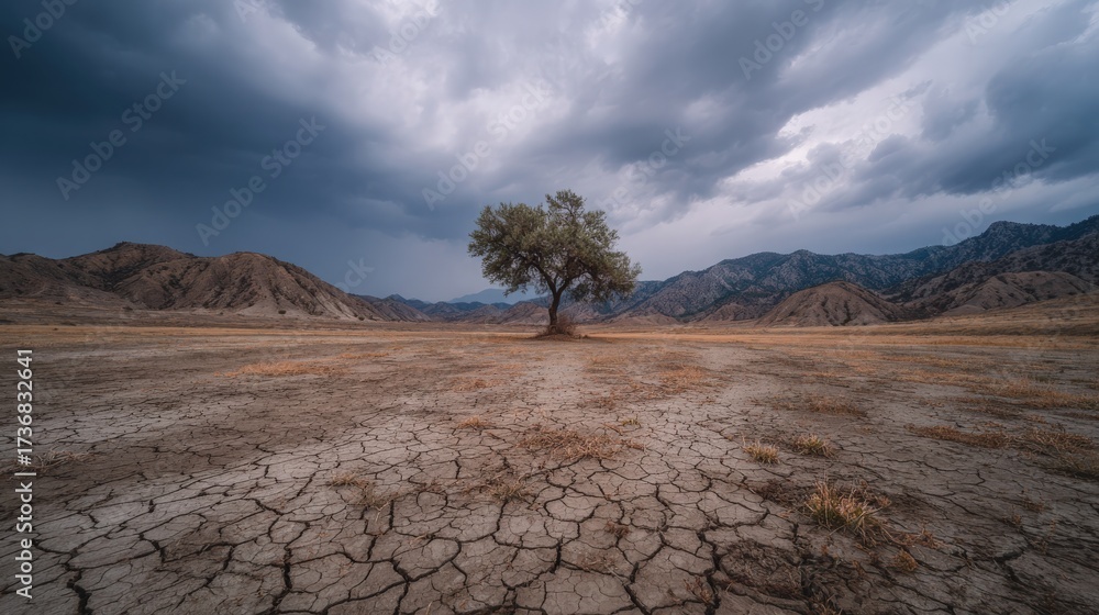Naklejka premium Arid landscape with lone tree and stormy sky