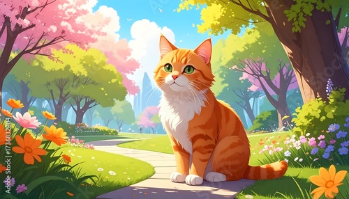 A ginger cat sits attentively in a vibrant park filled with colorful flowers and blossoming trees, bathed in the warm glow of a sunny day.