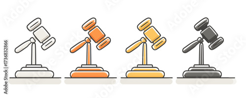 Four different colored gavel illustrations standing on sound block in a cartoon style, concept for legal profession, auction banner and court representation