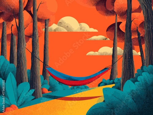Illustration of a hammock hanging between trees in an autumn forest scene with a vibrant orange sky, concept for vacation getaway, relaxation retreat and nature escape