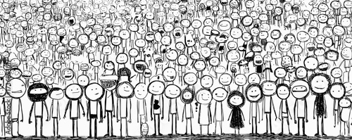 Crowd of hand-drawn stick figures with happy faces, standing together in black and white. Concept for community building, social gathering and unity illustration