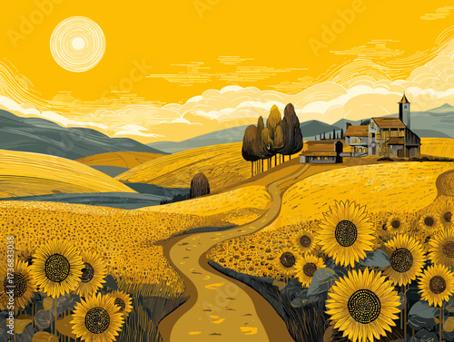 Scenic landscape with sunflowers field and a charming rural house under golden sun, depicted in a stylized vector art style, concept for travel advertising, countryside escape promotion and artistic