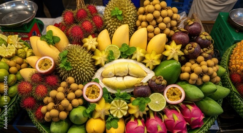 Exotic fruit medley showcasing vibrant colors and textures, a tropical feast for the eyes
