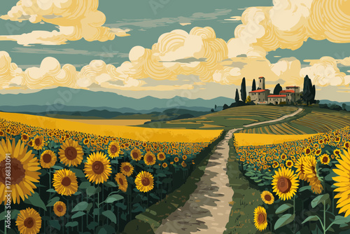 Illustrative Tuscan landscape with sunflowers field and villa on a hill under cloudy sky. Concept for travel posters, scenic backgrounds and summer vacations promotion