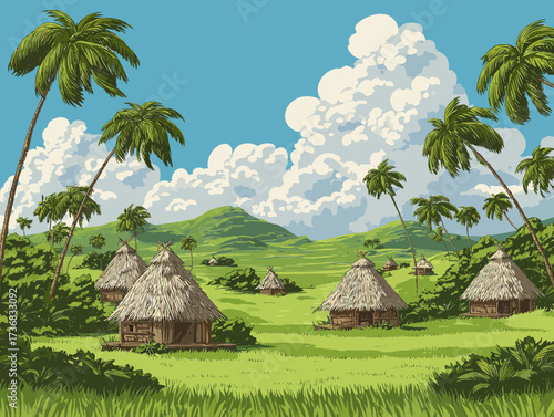Tropical village scene with palm trees and traditional huts under a bright, cloudy sky. Concept for exotic travel posters, natural environment illustrations and island lifestyle branding