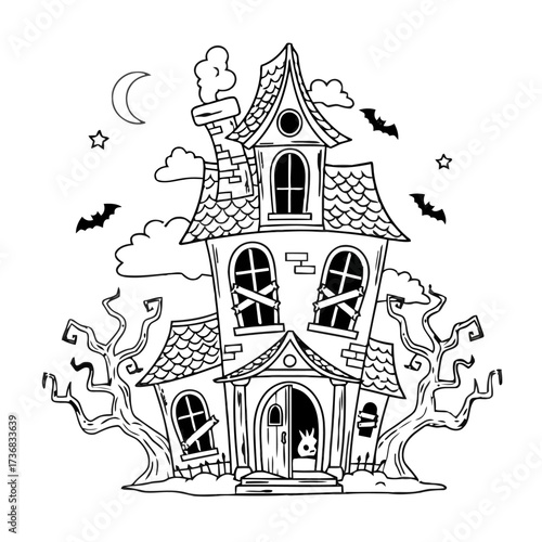 Spooky, cartoonish haunted house with crooked design, bats flying in the night sky, and bare trees, perfect for halloween themes