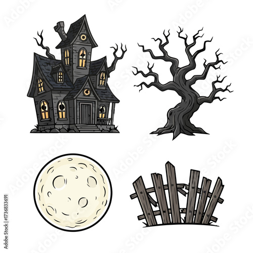 Collection halloween elements including haunted house, spooky tree, moon, and fence