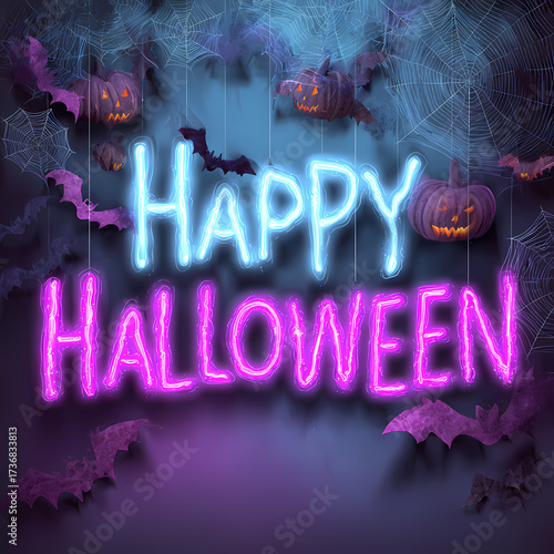 Eerie Halloween Neon Sign with Bats and Pumpkins
