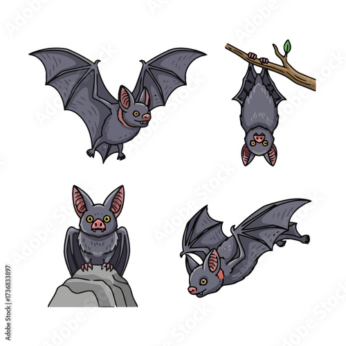 Collection four cartoon bats in different poses, including flying, hanging upside down from branch, sitting on rock, and in flight
