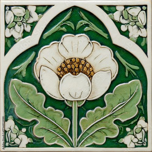 Decorative Tile with White Flower and Green Foliage