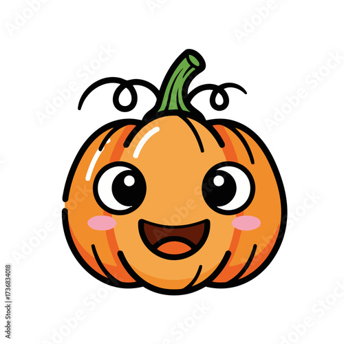Cute cartoon pumpkin with happy face, smiling widely with rosy cheeks