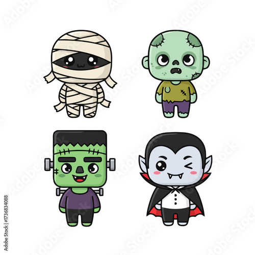 Cute cartoon halloween characters including mummy, zombie, frankenstein, and vampire