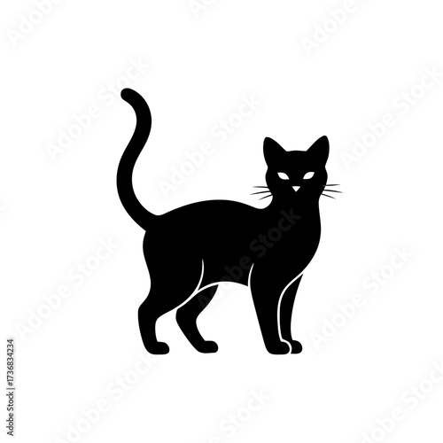 Silhouette black cat with curved tail and glowing eyes