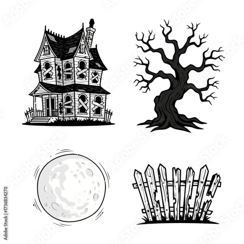 Spooky haunted house with broken windows and dead tree, full moon, and broken fence