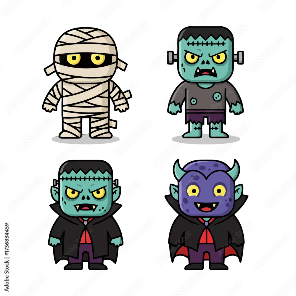 Obraz premium Set four cute cartoon halloween monsters including mummy, zombie, vampire, and devil
