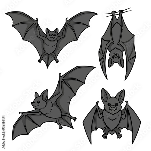 Set four cartoon bats in various poses, including flying and hanging upside down