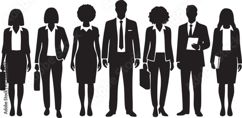 Diverse group of business professionals standing together in silhouette isolated on white background