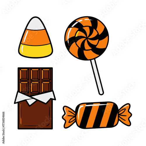 Assortment halloween candy including candy corn, lollipop, chocolate bar, and wrapped candy