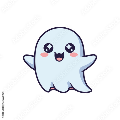 Happy cartoon ghost with big eyes and rosy cheeks, floating and smiling