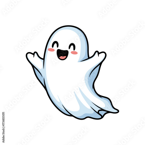 Happy cartoon ghost waving with open arms and big smile