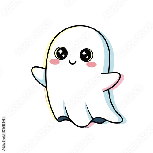 Cute cartoon ghost character with big eyes and blush cheeks, waving happily