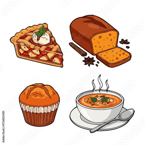 Delicious apple pie slice, loaf bread, muffin, and bowl soup