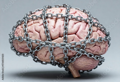 Human brain wrapped in heavy metal chains on gray background, concept of mental restriction, rigidity, cognitive disorder, or neurological oppression