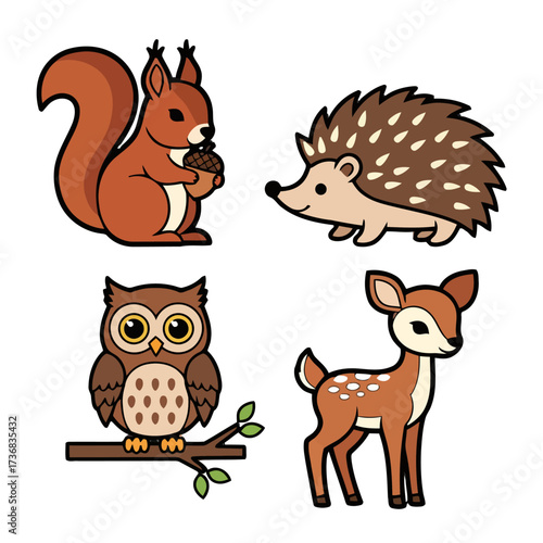 Cute cartoon forest animals including squirrel holding an acorn, hedgehog, an owl on branch, and fawn