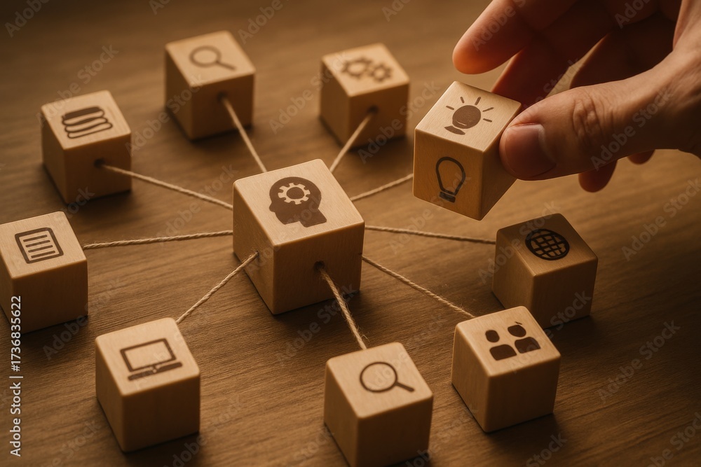 Fototapeta premium Hand placing wooden cube with lightbulb icon in network diagram representing creativity innovation and teamwork 