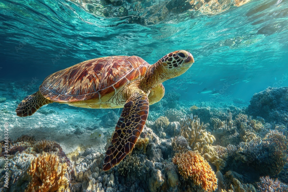 Fototapeta premium Green sea turtle gliding gracefully through vibrant coral reef waters in a tropical marine ecosystem