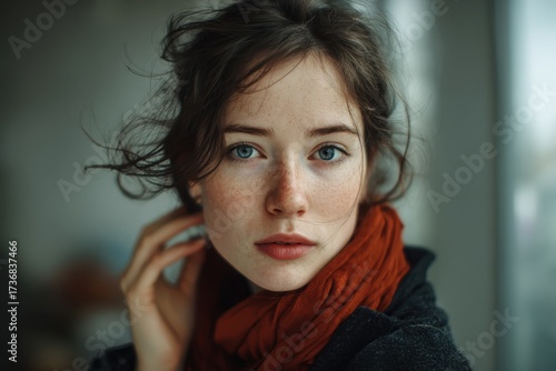 Close-up of a young woman with striking blue eyes and tousled hair, looking thoughtfully while wearing a red scarf at home during twilight