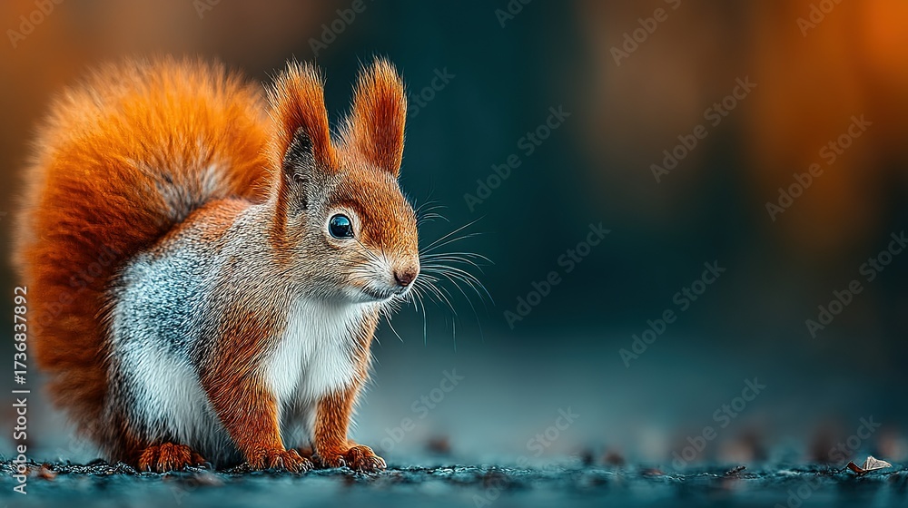 Fototapeta premium Red squirrel sits on ground looking to the side with blurred background.
